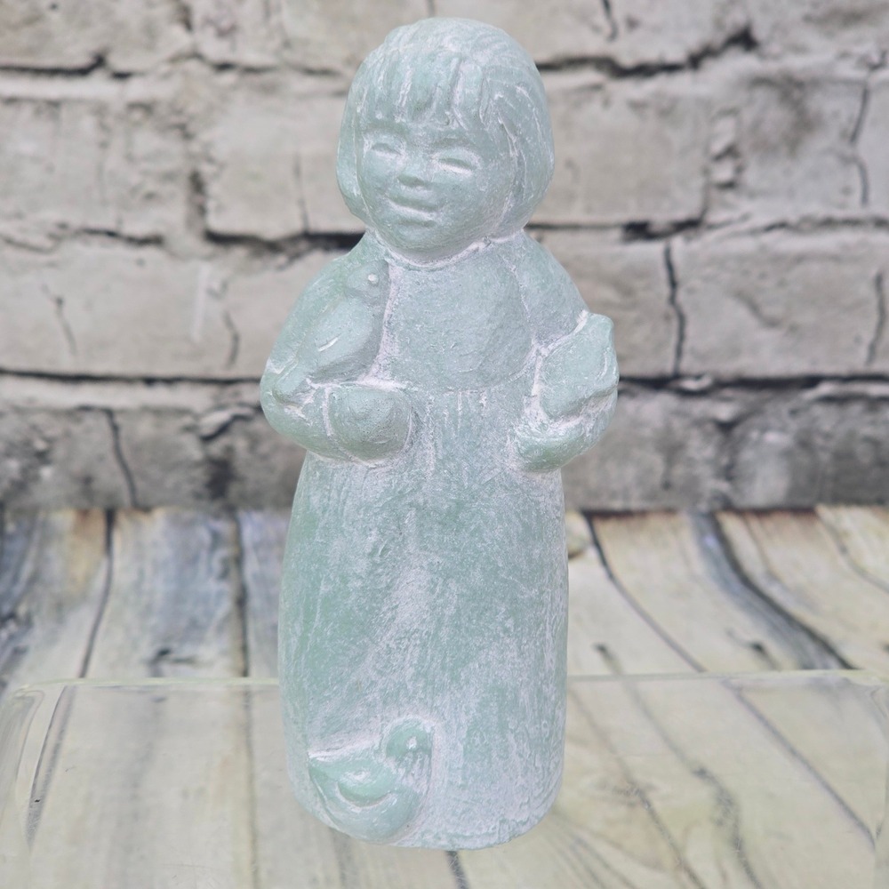 Isabel Bloom Joy Figurine Girl with Bird 2008 USA Sage Green Stone Sculpture Art